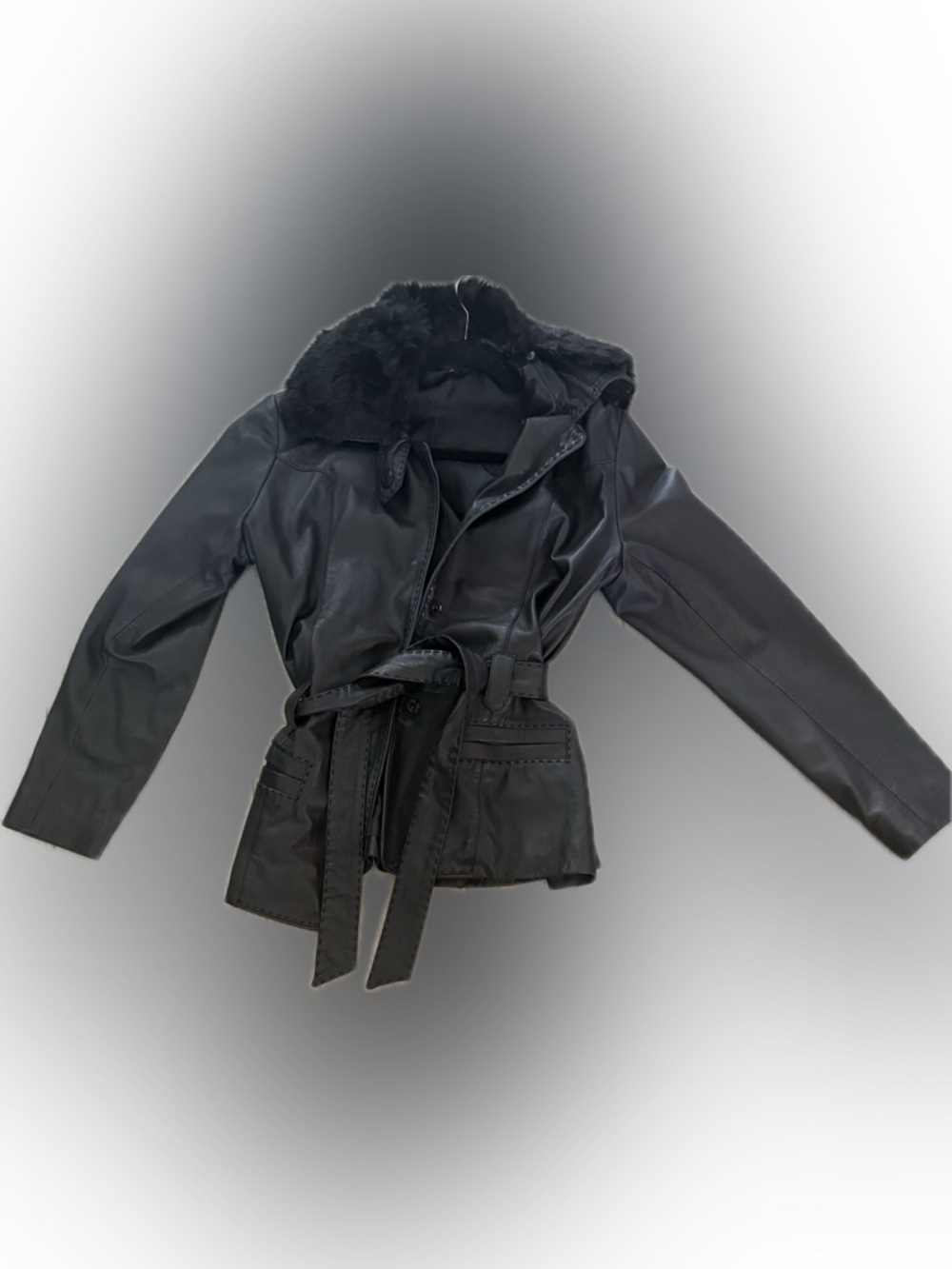 Grayse Black Women's Leather Belted Coat with detachable Fur Collar sz xl runs s